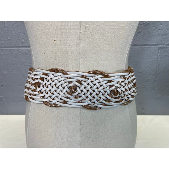 White Brown Woven Braided Leather Belt Linea Pelle Hippie Boho Retro - Picture 10 of 10
